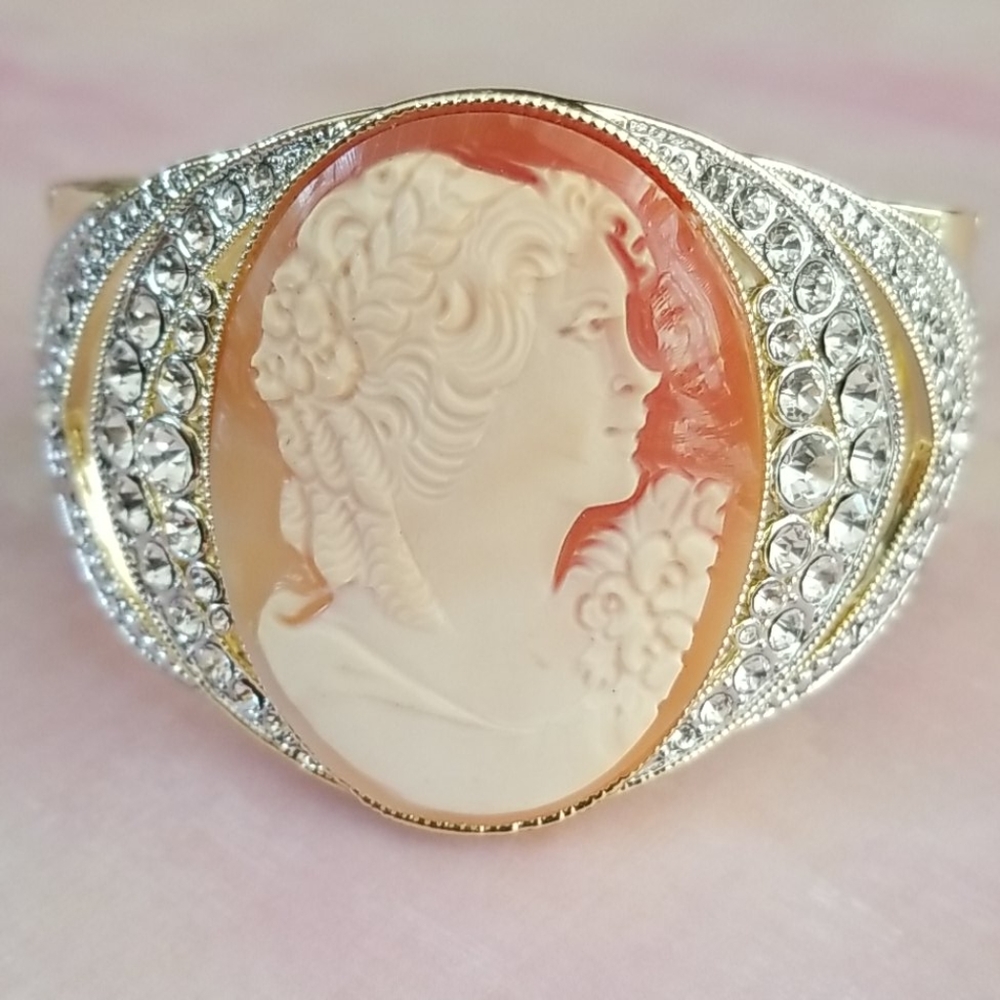 Amedeo Cameo Rhinestone Gold Tone Cuff Bracelet